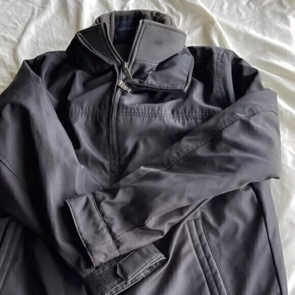 Weatherproof Mens Lined Full Zip with Snaps Hip Length Jacket Black/Blue Sz L
